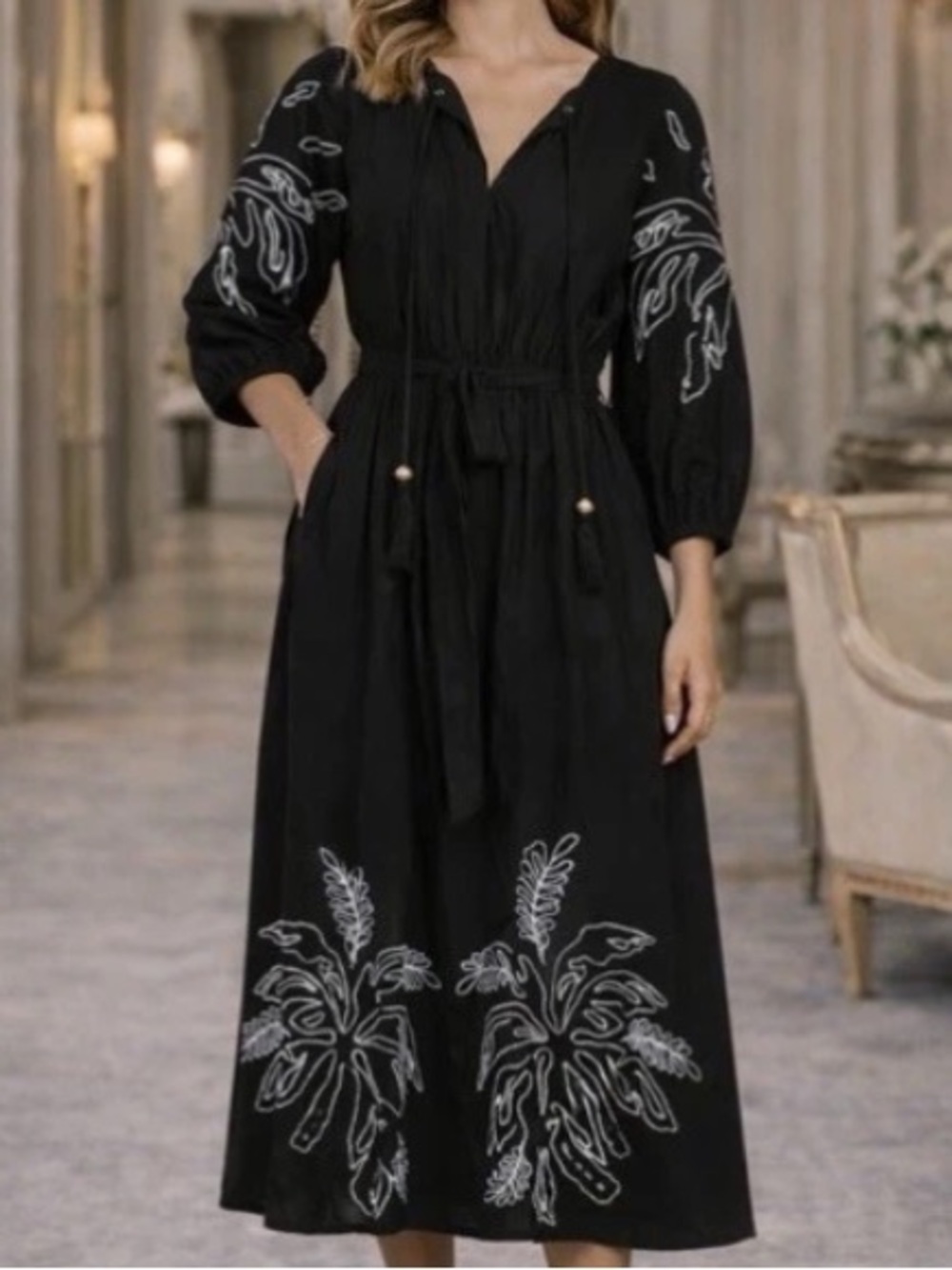 LEA Embroidered Dress Black White Size L Art to Wear Lagen look Lagenlook Artsy